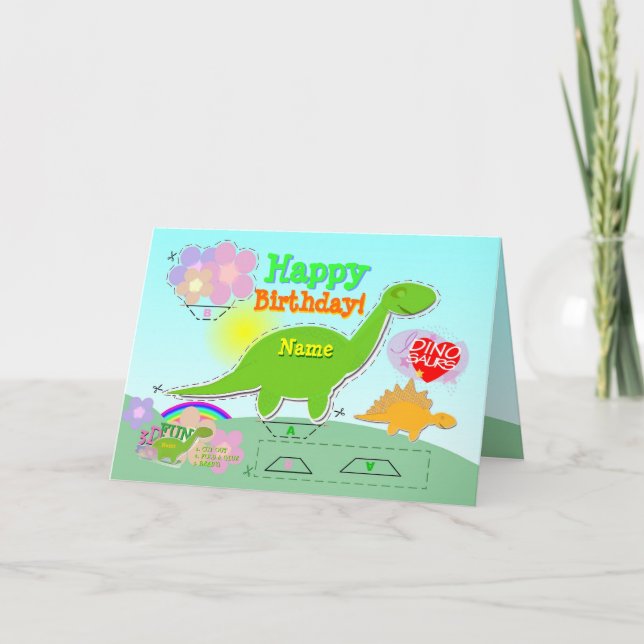 Happy Birthday Dino Name 3D Cut & Fold Craft Card (Front)