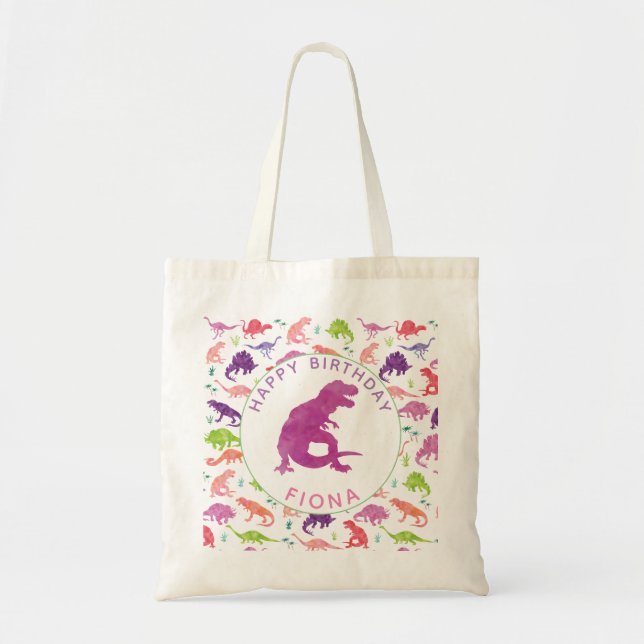Happy Birthday Dinosaur Personalised Girls T-Rex Tote Bag (Front)