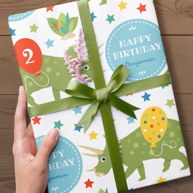 Happy Birthday Dinosaur Triceratops Name Age Wrapping Paper (Creator Uploaded)