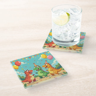 Happy birthday dinosaurs theme glass coaster