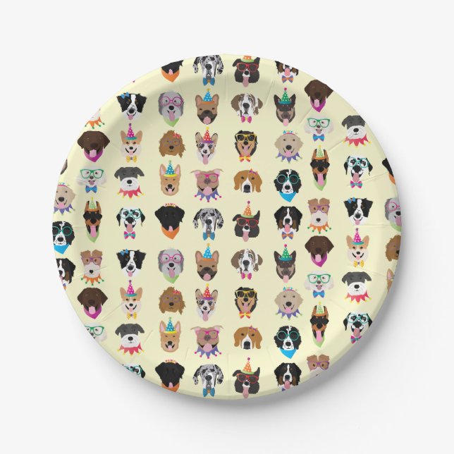 Happy Birthday Dog Faces Pawty Animals Paper Plate (Front)