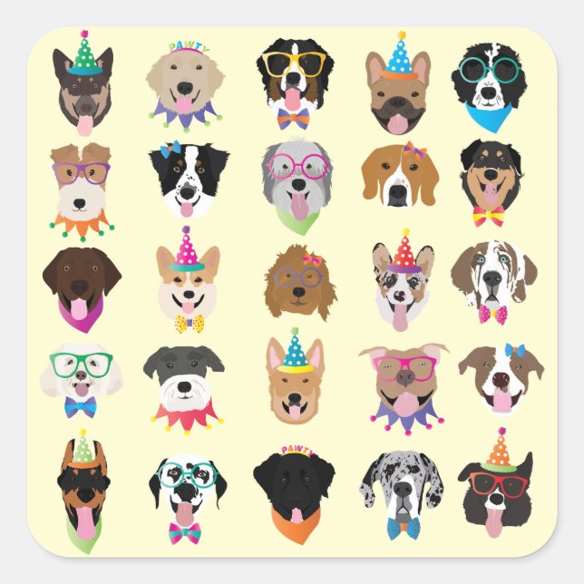 Happy Birthday Dog Faces Pawty Animals Square Sticker (Front)