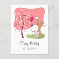 Happy Birthday Dog Puppy Bird Flower Blooming Pink