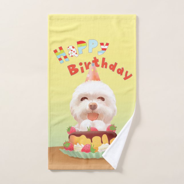Happy Birthday Dog with Cake Hand Towel (Hand Towel)