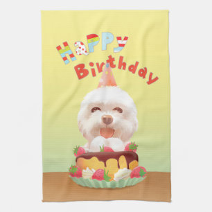Happy Birthday Dog with Cake Tea Towel
