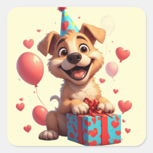 🐶 Happy Birthday Dog With Gift Balloons Square Sticker