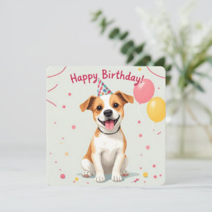 Happy Birthday Dog with Party Hat & Balloons Card
