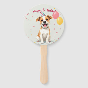 Happy Birthday Dog with Party Hat & Balloons Hand Fan