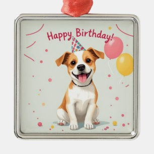 Happy Birthday Dog with Party Hat & Balloons Metal Tree Decoration
