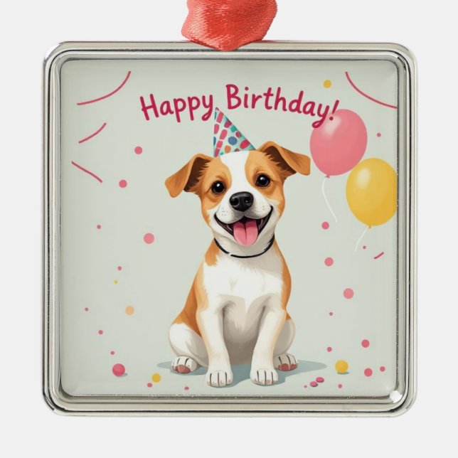 Happy Birthday Dog with Party Hat & Balloons Metal Tree Decoration (Front)