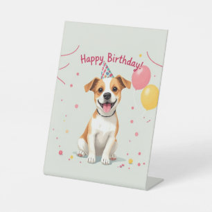Happy Birthday Dog with Party Hat & Balloons Pedestal Sign
