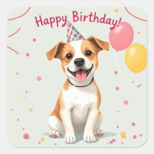 Happy Birthday Dog with Party Hat & Balloons Square Sticker