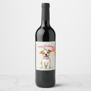 Happy Birthday Dog with Party Hat & Balloons Wine Label