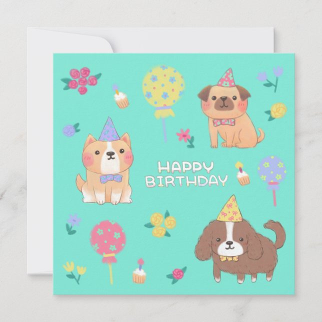 Happy Birthday: Dogs, Balloons & Flowers Holiday Card (Front)