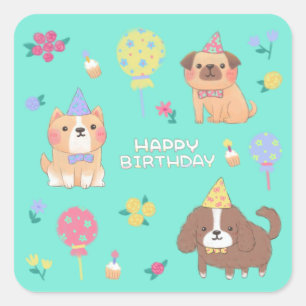 Happy Birthday: Dogs, Balloons & Flowers Square Sticker
