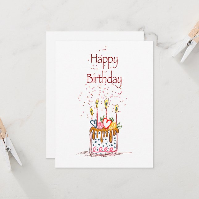 Happy Birthday Doodle Cake Card (Front/Back In Situ)