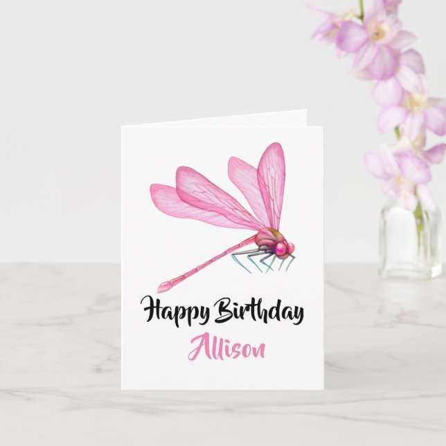 Happy Birthday Dragonfly Watercolor Card (Orchid)