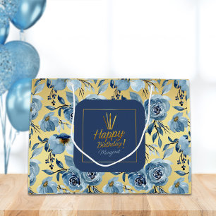 Happy Birthday Dusty Blue Gold Floral Name  Large Gift Bag