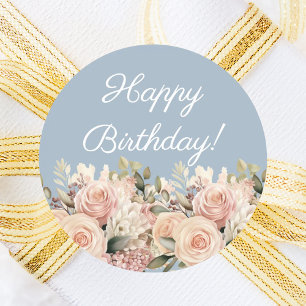 Happy Birthday dusty blue rose pink ivory Classic Round Sticker