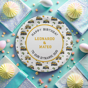 Happy Birthday Dynamic Duo Monster Truck Twin Boys Paper Plate
