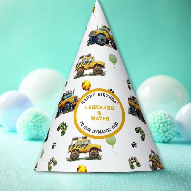 Happy Birthday Dynamic Duo Monster Truck Twin Boys Party Hat (Creator Uploaded)