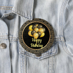 Happy Birthday, elegant black and gold, 10 Cm Round Badge