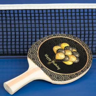 Happy Birthday, elegant black and gold, Ping Pong Paddle