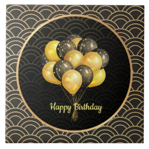 Happy Birthday, elegant black and gold, Tile
