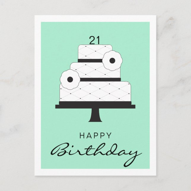 Happy Birthday Elegant Black And White Cake Mint Postcard (Front)