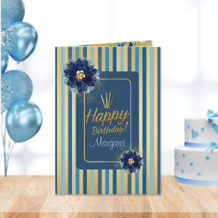 Happy Birthday Elegant Blue Gold Floral Customise Card
