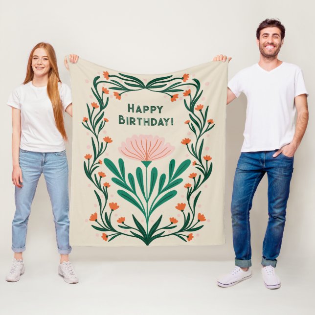 Happy Birthday Elegant Floral Frame Fleece Blanket (In Situ)