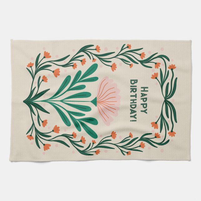 Happy Birthday Elegant Floral Frame Tea Towel (Horizontal)