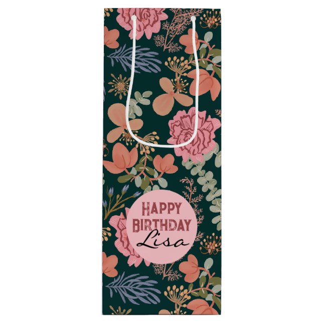Happy Birthday elegant floral Rosé Wine   Gift Bag (Front)
