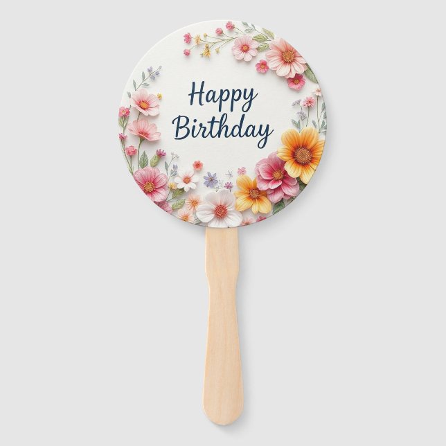 Happy Birthday Elegant Floral Wreath Hand Fan (Front)