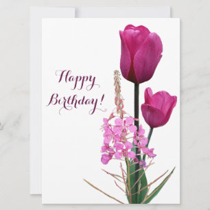 Happy birthday elegant pink tulip minimalist boho  holiday card