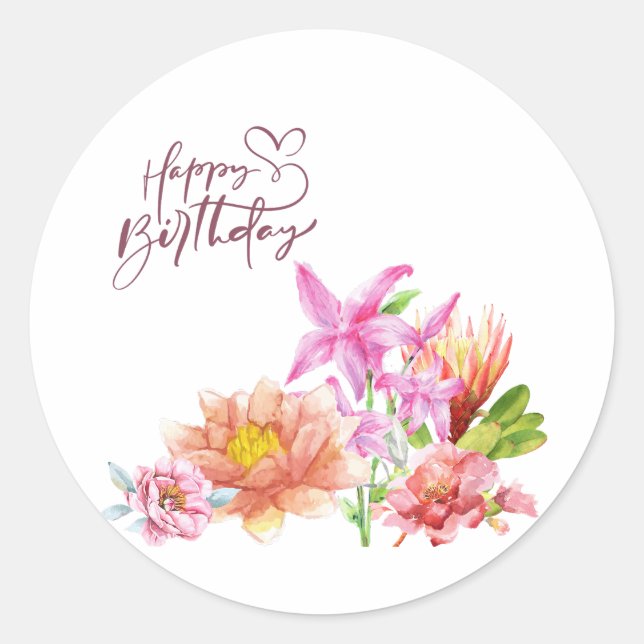 Happy Birthday Elegant Watercolor Floral Classic Round Sticker (Front)