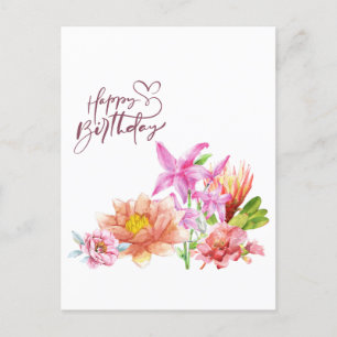 Happy Birthday Elegant Watercolor Floral Postcard