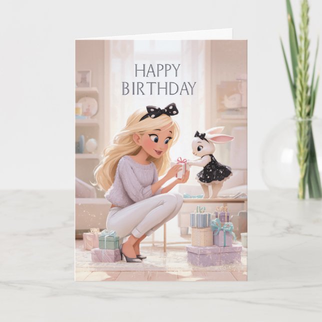 Happy Birthday Elegant Woman and Bunny Gift Giving Card (Front)