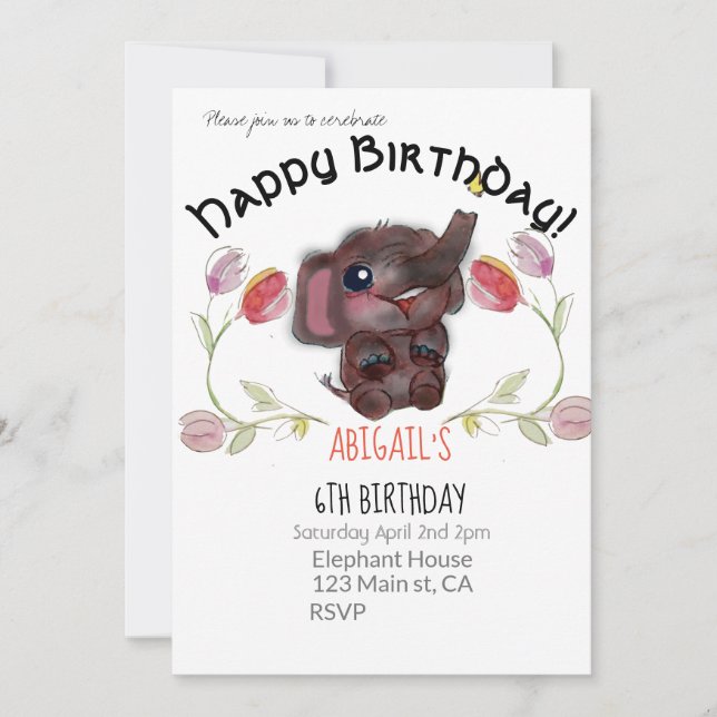 Happy Birthday Elephant and Tulips Invitation (Front)