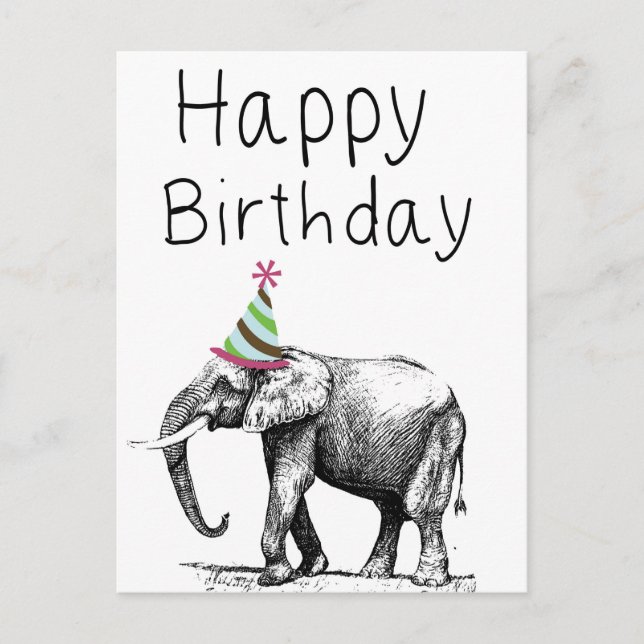 Happy Birthday Elephant In Hat, Celebration Invitation Postcard (Front)