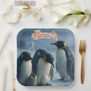 Happy birthday, emperor penguin family 9 in.² pape paper plate