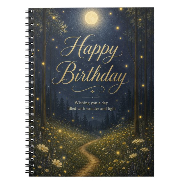 Happy Birthday Enchanted Forest Moonlit Firefly Notebook (Front)