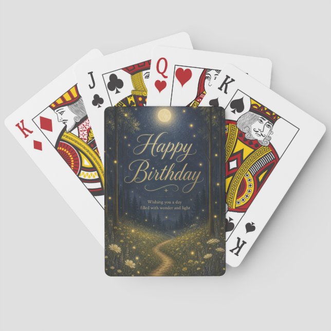 Happy Birthday Enchanted Forest Moonlit Firefly Playing Cards (Back)