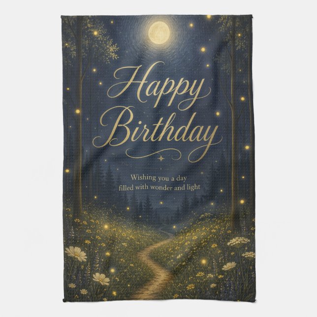 Happy Birthday Enchanted Forest Moonlit Firefly Tea Towel (Vertical)