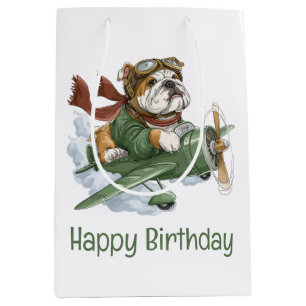 Happy Birthday English Bulldog Pilot Aeroplane Medium Gift Bag