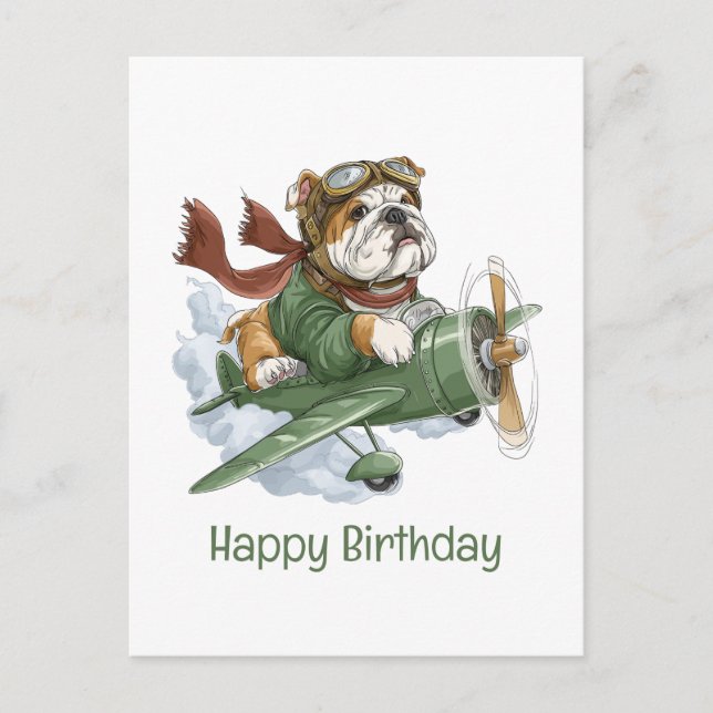 Happy Birthday English Bulldog Pilot Aeroplane Postcard (Front)