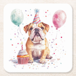 Happy Birthday English Bulldog Square Paper Coaster