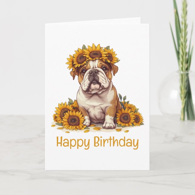 Happy Birthday English Bulldog Sunflower Crown Card (Front)