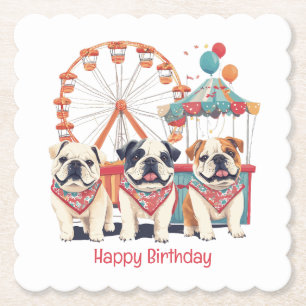 Happy Birthday English Bulldogs At A Carnival  Paper Coaster