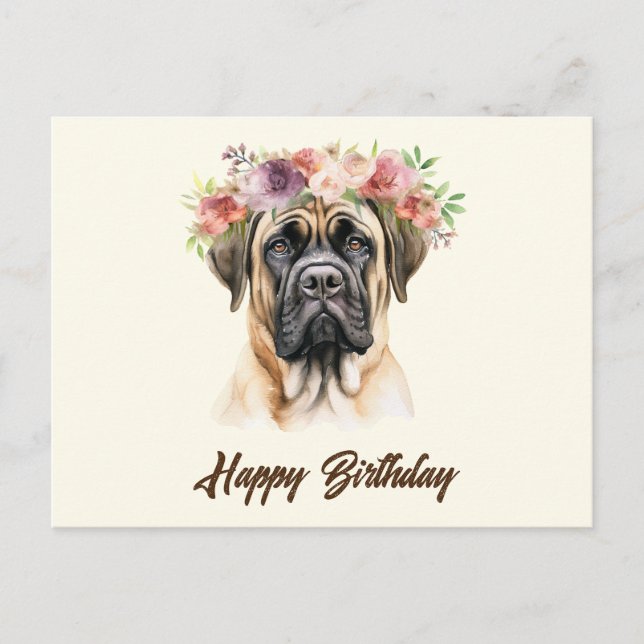Happy Birthday English Mastiff Dog with Flowers  Postcard (Front)